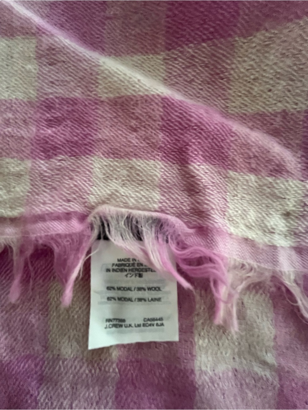 J. Crew Pink and Cream Plaid Fringe Scarf
